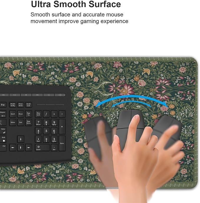 Dark Green Floral XXL Desk Mat, Extra Large Mouse Pad with Anti-Slip Base & Stitched Edges for Women, Aesthetic Desk Pad for Home Office Computer, Keyboard Mat Office Supplies Decor
