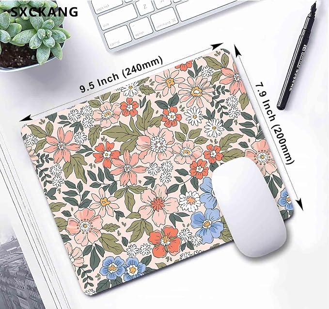 Moth Floral Mouse Pad, Green Leaf Flowers Mousepad, Boho Computer Small Cute Mouse Pad, Washable Cloth Non-Slip Rubber Base Mouse Mat for Office, Pink Blue