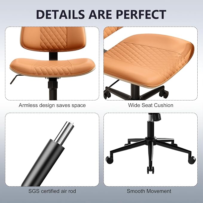 Modern Armless Office Chair with Wheels, Wide Seat Walnut, Brown | Adjustable Swivel Desk Chair with Mid Back & Tilt Function, Faux PU Leather Mid Century Modern Task Office Chair, 300LBS Cap