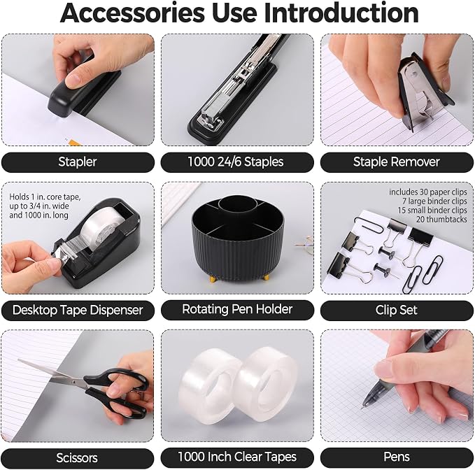 SKYDUE Black Office Supplies with Pencil Holder,Desk Accessories 11PCS | Office Desk Accessories Included Stapler with Staples, Staple Remover,Tape Dispenser, Binder Paper Clips Kit,Scissor, Pens