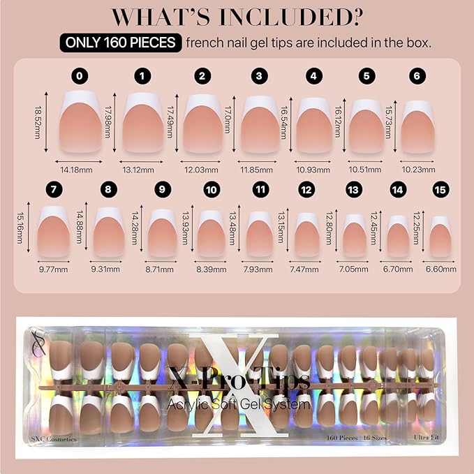 SXC Cosmetics French Tip Press On Nails Brown Short Coffin 160 Pieces in 16 Sizes Ultra Fit with Pre-applied Tip Primer and Base Coat, No Need to File Fake Nails for Nail Art DIY X-Pro Tips