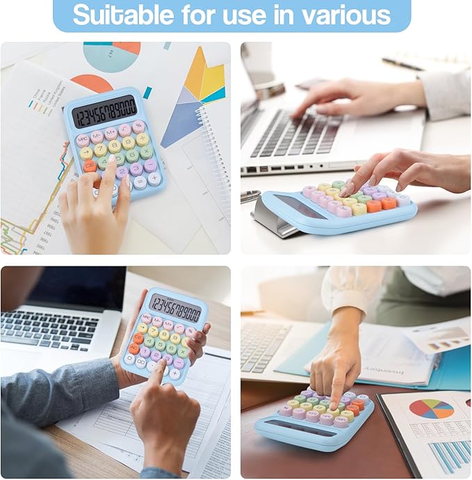 Mechanical Pushbutton Calculator,12 Digit Large LCD Display,Big Buttons Easy to Press,Colorful Candy Calculator,Automatic Sleep,with Battery.for Office,School, Home. (Blue)