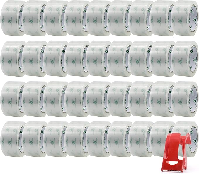 BOMEI PACK 36 Rolls No Noise Silent Clear Packing Tape with Free Dispenser, 2.4mil x1.88 x 55 Yard, Quiet Packing Tape, Heavy Duty Packaging Tape for Moving, Shipping, Office and Storage