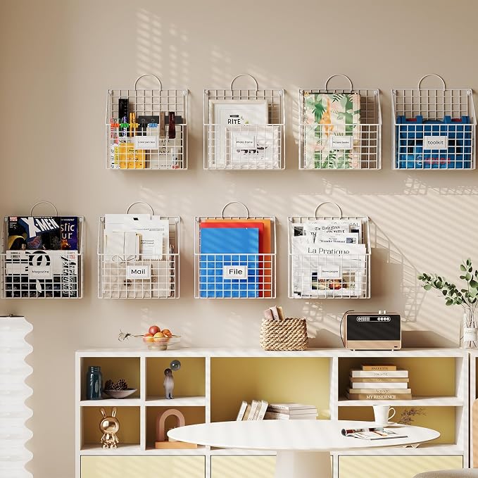 4 Packs Hanging Wall File Organizer with Hooks, Magazine Rack ,Mail Basket | Mesh Wall Mounted File Holder with Handles, Home Office Organization for Papers Folder Files, No Assembly Required, White