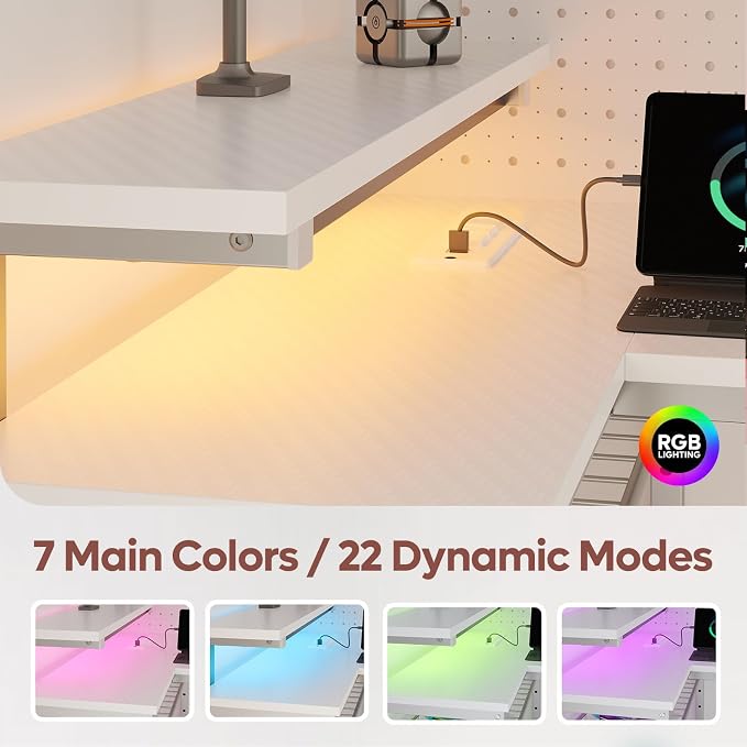 Bestier 42-Inch L-Shaped Computer Desk with Charging & LED, White | Charging 2AC+USB+Type-C, RGB LED 7 Colors/22 Modes, Reversible Storage Shelves, Headphone Hook, Small Space, 42x31.5 in