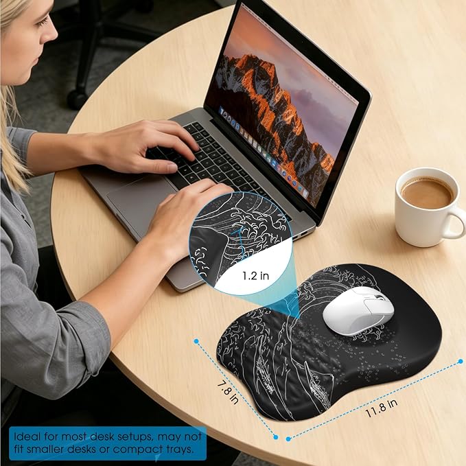 MROCO Ergonomic Mouse Pad with Wrist Support, 11.8 x 7.8 in, Black Kanagawa | Memory Foam Wrist Rest Mouse Pad, Non-Slip Base, Smooth Lycra Surface for Office & Home, Comfortable Wrist Support
