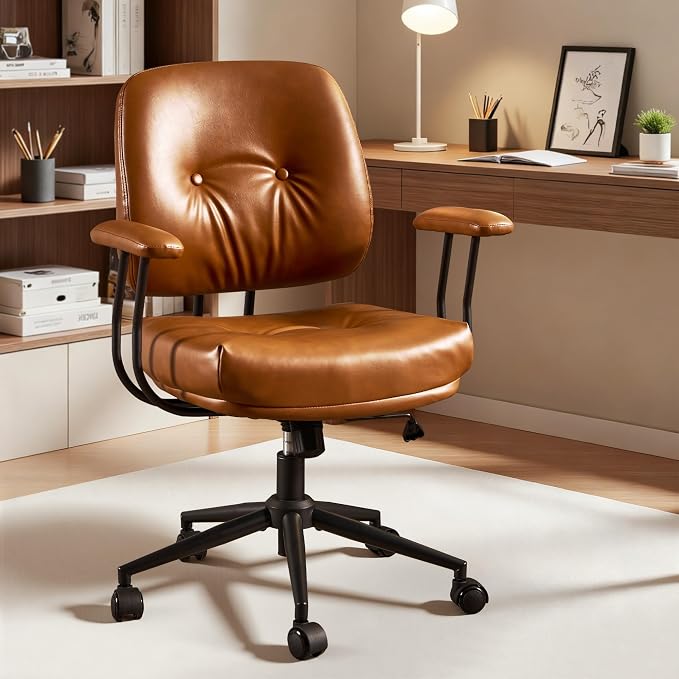 ovios Home Office Chair with Thick Cushion, Mid-Century Modern Faux Leather Ergonomic Chairs, Mid Back Swivel Rolling Computer Executive Armchair (Brown, PU Leather)