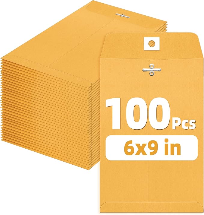 SUNEE Envelops, 6"x9" Brown Kraft Envelopes with Clasp Closure, 28-lb Paper Mailing Envelopes, 100 Count, Great for Filing, Storing or Mailing Documents