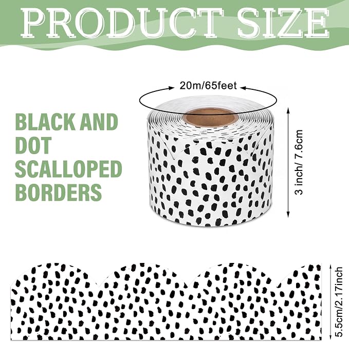 Zonon 65 Feet Bulletin Board Borders Black and White Polka Dots Striped Grid Borders Decorative Straight Scalloped Wavy Rolled Trim Classroom Back to School Decor(Black and Dot)