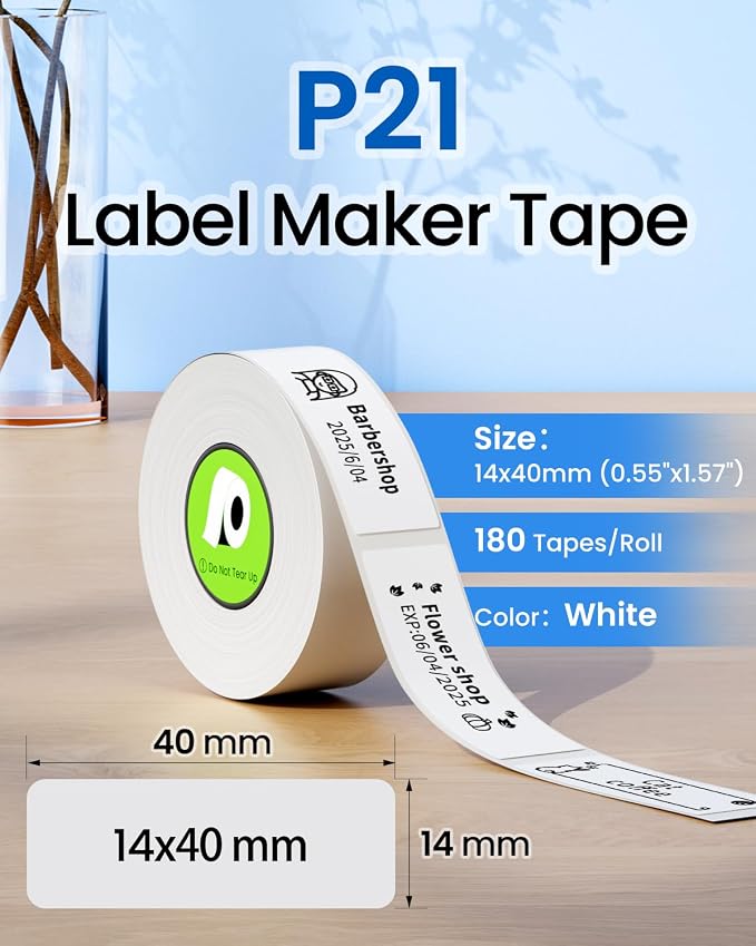 P21 Replace for Nelko P21,ORGBRO X1,NDYIN N12,ORGSTA S001, Label Maker Tape | Odolpin 2 Rolls Standard Laminated Thermal Label Tape Replace for Nelko P21,POLONO P31S,14x40mm (0.55"x1.57"),White