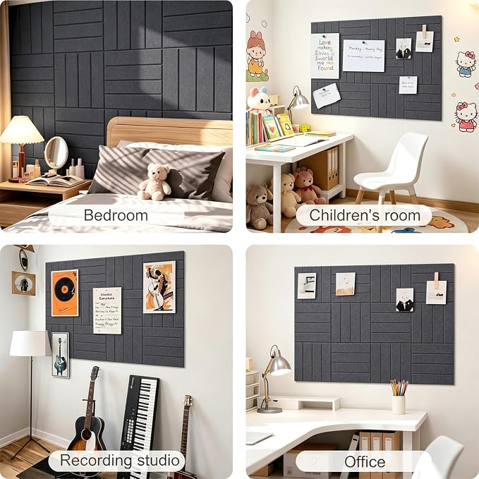 0.47" Thick Felt Wall Tiles 48"x36" Cork Board Alternative 12Pack 11.81"x11.81"Felt Bulletin Board Pin Board with Removable Adhesive tape&60 Pushpins for Home Office School(Bold-Charcoal Grey)