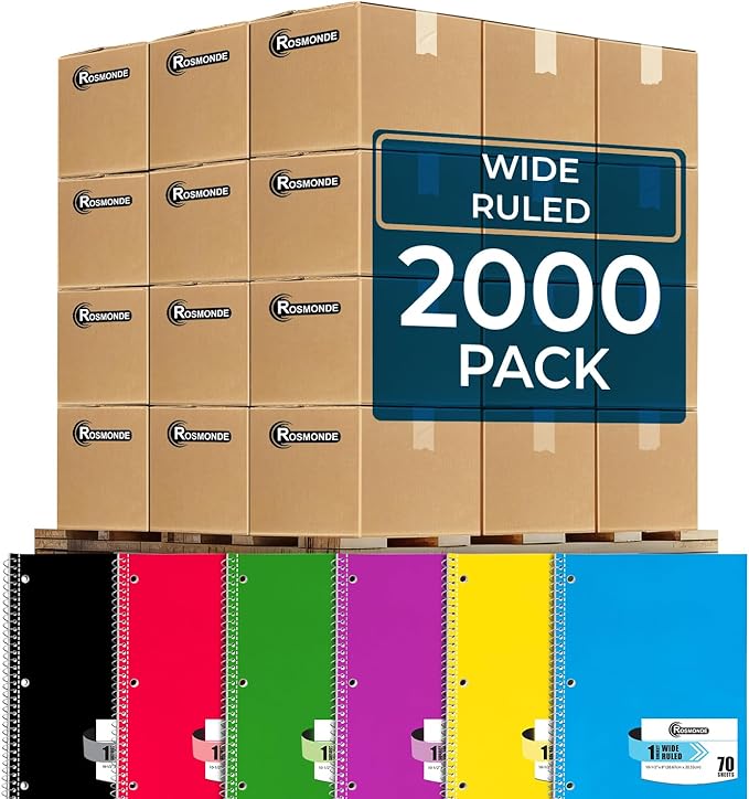 2000 Packs 1 Subject Notebooks Bulk, Wide Ruled, 70 Sheets | Spiral Notebook Bulk, Wide Ruled, 70 Sheets (140 pages), 8 x 10-1/2", Pallet of Notebooks for School, 4-7 Days Transit