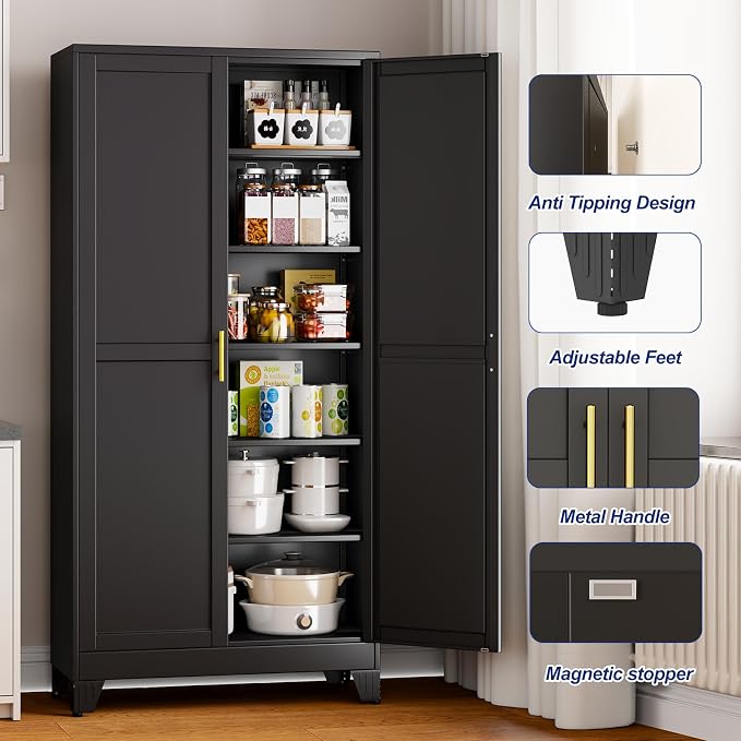 Metal Storage Cabinet with 2 Doors and 5 Adjustable Shelves - 75.2" Steel File Cabinet,Tool Cabinets for Office,Home,Garage,Gym,School (Black)
