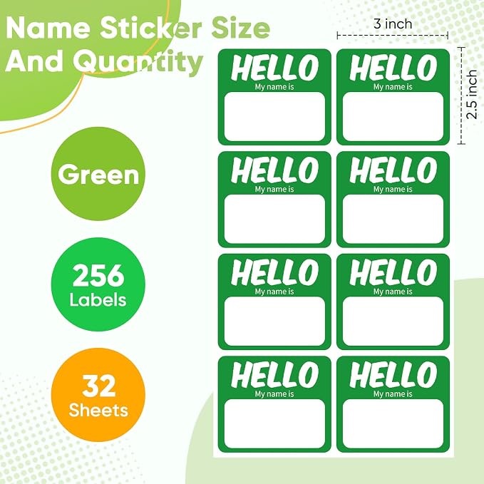 256 Pcs Name Tags Sticker 3"x2.5" Hello My Name is Stickers, Green Name Labels Adhesive Identification Name Badges for School, Office, Meeting, Family Parties, Mailing