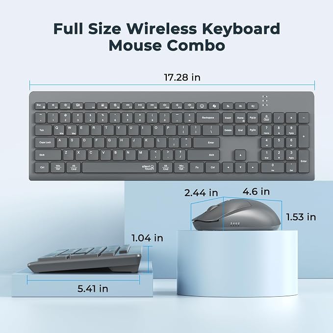 Wireless Keyboard and Mouse, 2.4GHz/Bluetooth Quiet Full Size Set, Gray | Dual-mode Bluetooth and 2.4GHz connection with a 3200 DPI adjustable mouse and extended battery life for daily use