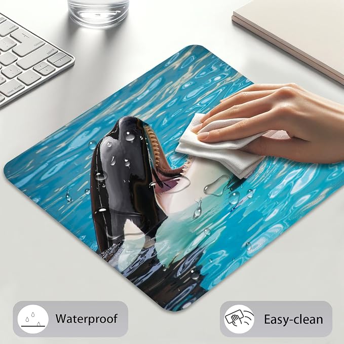 Orca Killer Whale Mouse Pad, Bright Blue Ocean Water Cute Desk Mat | Marine Wildlife Stitched Mousepad, Anti-Slip Base Smooth Surface, 9.5 x 7.9 Inches