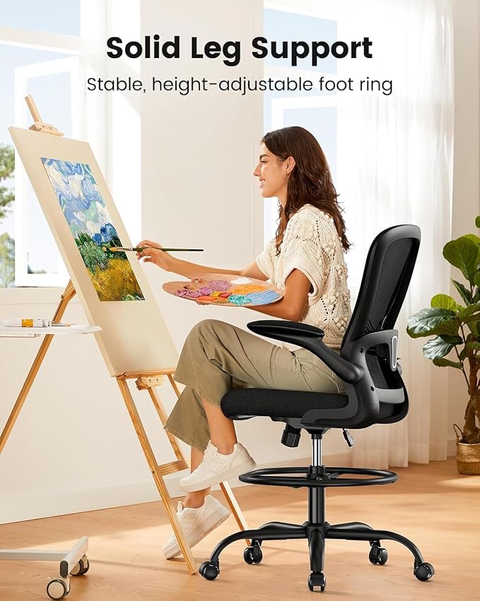 ErGear Drafting Chair, Standing Desk Chair with Flip-Up Armrests, High Desk Chair Adjustable Height, Ergonomic Tall Office Chair with Lumbar Support and Adjustable Footrest Ring,10 Pack