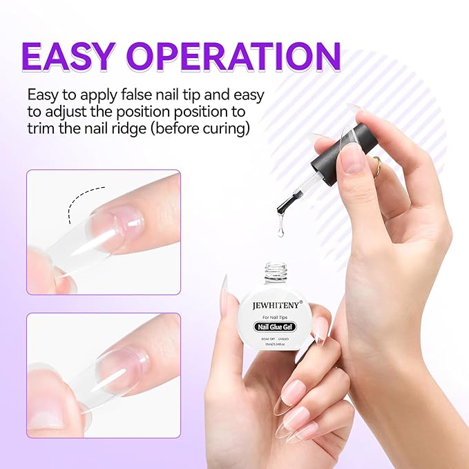 JEWHITENY 2pcs 10ML Nail Glue Gel for Nail Tips Nail Gel Glue for False Nails Tips and Clear Press on Nails Long Lasting Need U V Light Cured