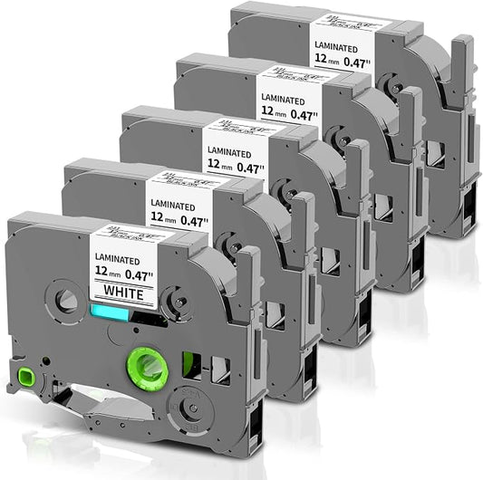 TZe TZ Tape 12mm 0.47 Laminated White Replacement for Brother P Touch Tape | Black on White TZe-231 TZe231 Label Maker Refills, Compatible with Brother PT-D220 D210 H110 D400 D410, 12mm x 8m, 5-Pack