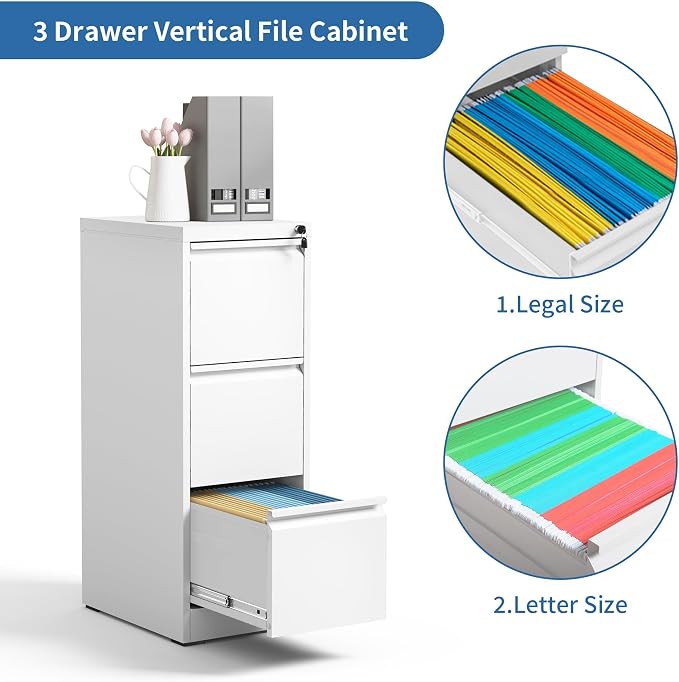 3 Drawer File Cabinet with Lock,Metal File Cabinet for Home Office | White Vertical Filing Cabinets Heavy Duty Office Storage Cabinets for Letter/Legal/A4/F4 Size File, Assembly Required
