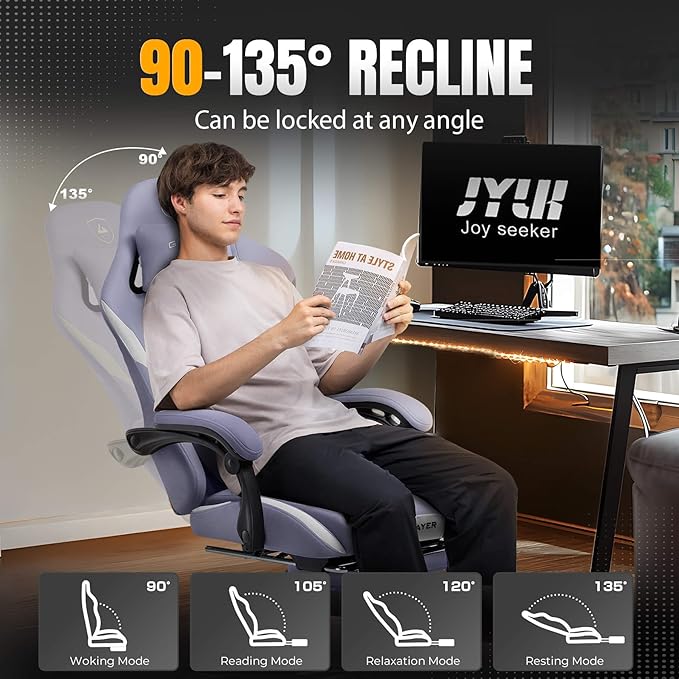 GTPLAYER Gaming Chair with Foot Rest & Pocket Spring Cushion, Breathable Fabric for Home Office Desk, Ergonomic High Back Computer Chair with Headrest & Lumbar Support, Lavender Purple