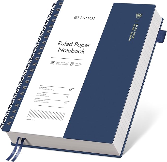 EMSHOI Lined Spiral Journal Notebook, 300 Pages, A4 Size (8.2'' x 11.2'') | College Ruled, 100 GSM Perforated Thick Paper, Flexible Plastic Cover, for School, Writing, Work & Journaling (Blue)