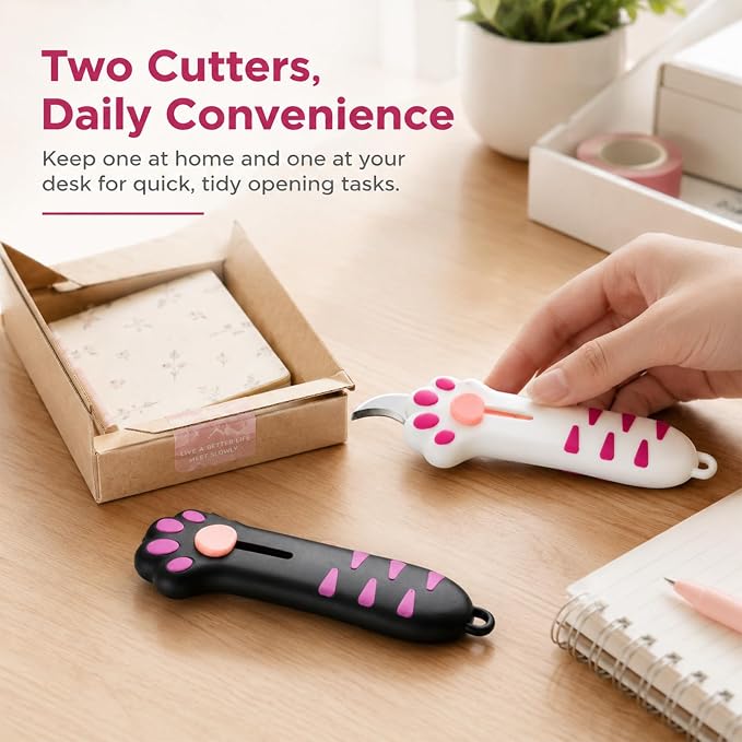 2 PCS Cat Paw Box Cutter, Retractable Cat Claw Knife with Safety Lock, Cat Paper Cutter with Ergonomic Claw Handle, Stainless Steel Blade for Opening Packages, Cartons & Tape
