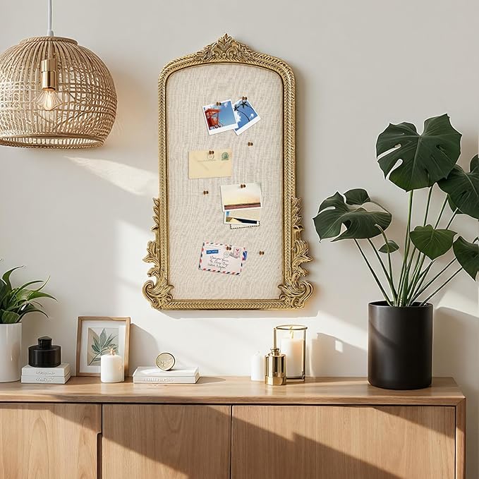 Vintage Framed Pin Board Linen Display Bulletin Board Large Ornate Fabric Picture Photo Pinboard Memo Decorative Prayer Pinboard Ornate for Wall Gift(Arch,19" X 31",Gold)