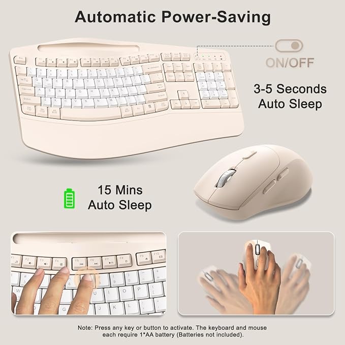 Wireless Keyboard and Mouse Combo, Ergonomic Wave Keys(Milk Tea-B) | 2.4G Full Size Keyboard with Wrist Rest, Phone Holder, 3-Level DPI Silent Mouse with 6-Buttons,for Windows/Mac OS/Laptop