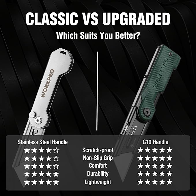 WORKPRO Folding Utility Knife with 10 Extra SK5 Blades, EDC Razor Sharp Knife with G10 Handle, Quick Change Box Cutter with Belt Clip, for Heavy Duty, DIY, Home, Office & Artcraft Use - Green