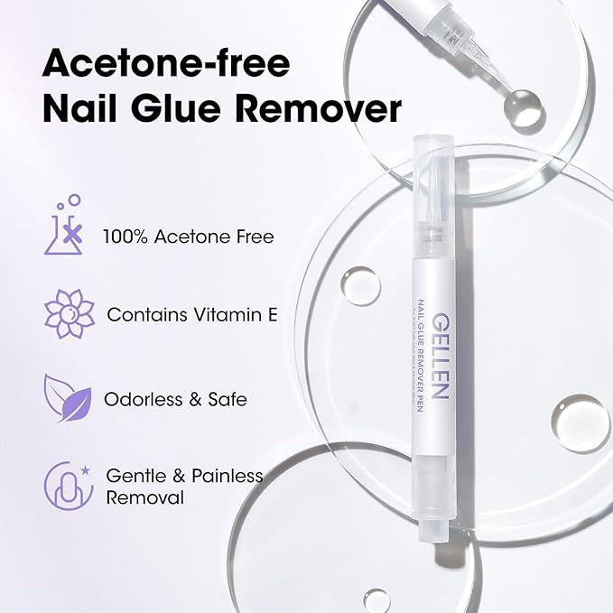 Gellen Nail Glue Remover, Nail Glue Remover for Press on Nails, 5 Pcs Non Acetone Gel Glue Off Remover, 10s Quick Remove for Nail Tips Fake Nails Solid Glue Gel