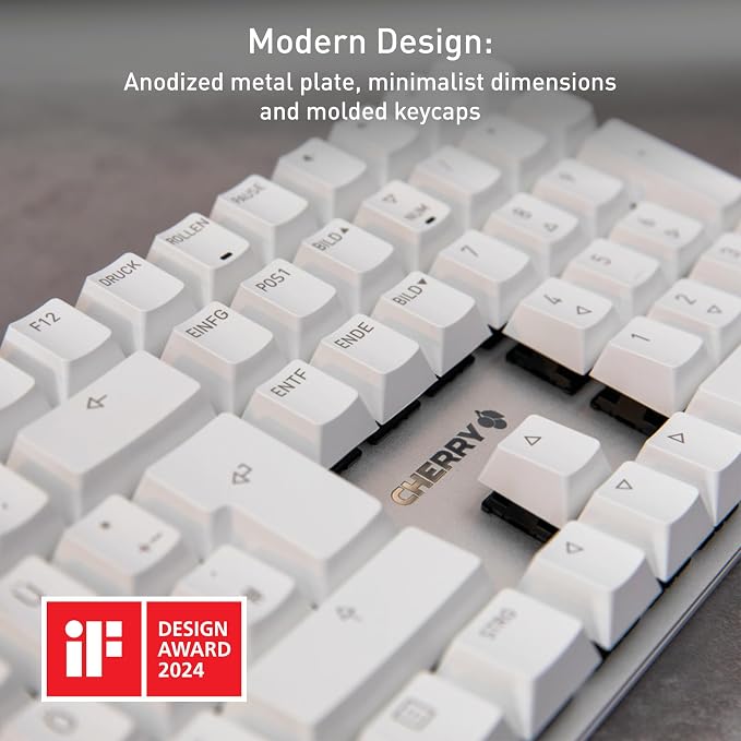 Cherry KC 200 MX, Wired Mechanical Office Keyboard, Modern Design with Elegant Aluminum Surface, USB-A Connection, MX2A Brown Switches, White/Silver