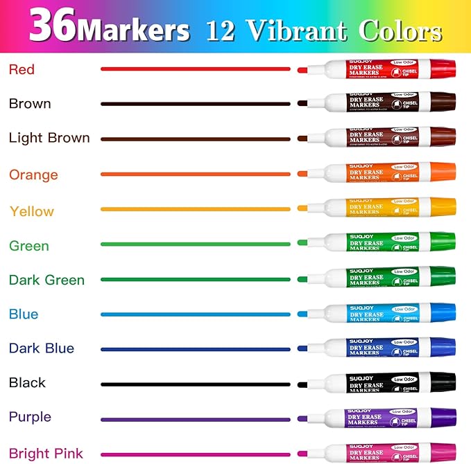Dry Erase Markers, Bulletl Tip Whiteboard Markers, Low Odor Thick Dry Markers, 36 Bulk 12 Assorted Color Marker for Whiteboard, Classroom, Office & Home