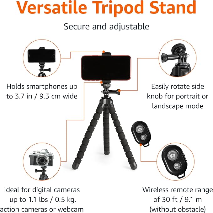 Amazon Basics Portable and Flexible Tripod with Wireless Remote and Smartphone Clamp, 10-inch, Black