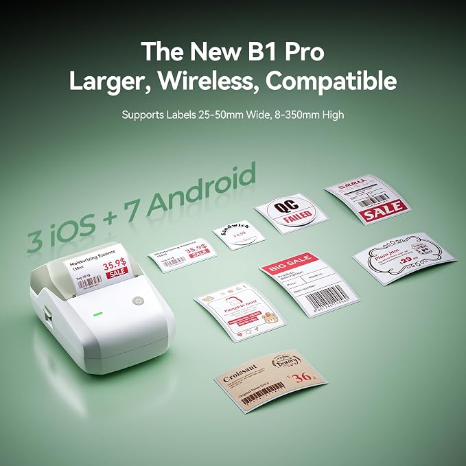 NIIMBOT B1Pro Label Maker, 300DPI HD Sticker Printer for Photo, Green | Red&Black Dual-Color Label Printer for Stores, Small Business, Built-in a Roll of Label(2 x 1.2 inches-White)