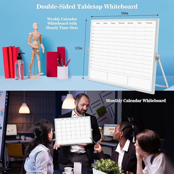 Desktop Whiteboard with Stand, 16"×12" Double-Sided Magnetic Dry Erase Calendar, Weekly Monthly Schedule with Time Slots, Portable for Home, Office, Planning, Memo, to Do List