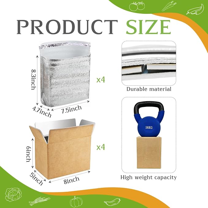 Convivium 4 Pack Insulated Shipping Boxes with Aluminum Foil Liner & 4 Foil Bags, Thermal Cooler Mailing Boxes for Hot & Frozen Food Delivery (4, 8 * 5 * 6 inches)