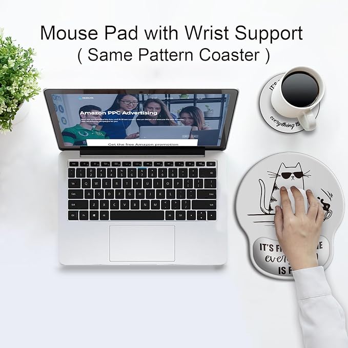 Ergonomic Mouse Pad with Wrist Support Rest,Large Mousepad Gel Wrist Rest, with Coaster Non-Slip & Pain Relief for Computer, Desk, Home&Office-Black Cute Funny Cat