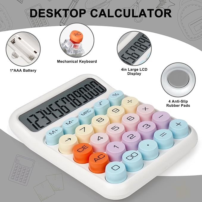 Mechanical Switch Calculator with Big Buttons, Calculators Desktop, 12 Digits, Large LCD Display, Desk Calculator, Cute Pink Calculators for Teachers Students Basic Office (White)