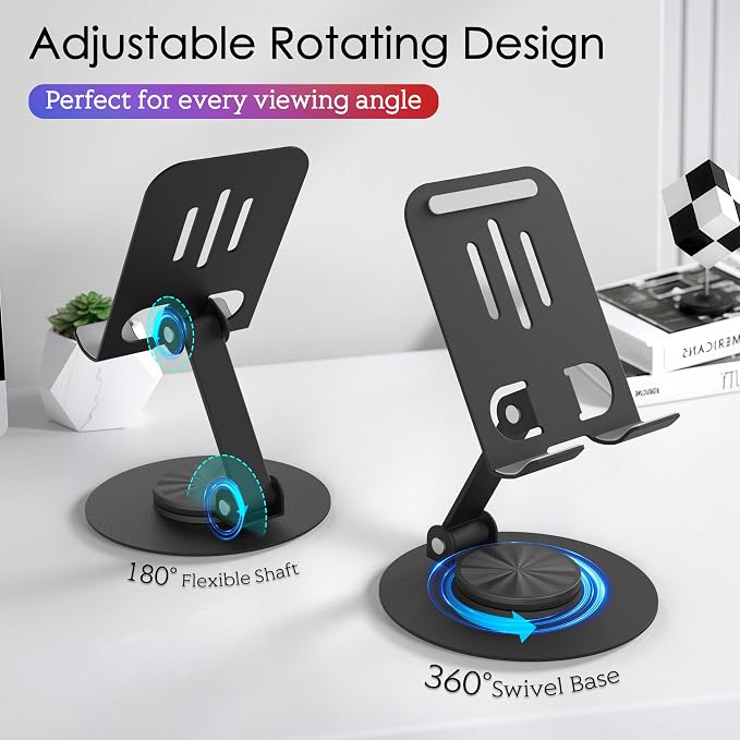 Metal Cell Phone Stand for Desk, Multi-Angel Adjustable 360° Rotation Desktop Phone Holder and Foldable Mobile Phone Stand, Compatible with iPhone 17 16 Pro Max and All Smartphones, Black