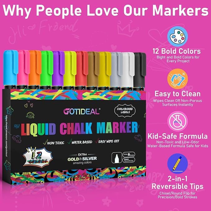 GOTIDEAL Chalk Markers, 12 Colors Liquid Chalk Markers for Blackboard | Chalkboard Markers for Paint and Drawing, Calendar, Glass, Car, Auto, Bistro, Mirror, Wet Erase Chisel Tip Window Marker