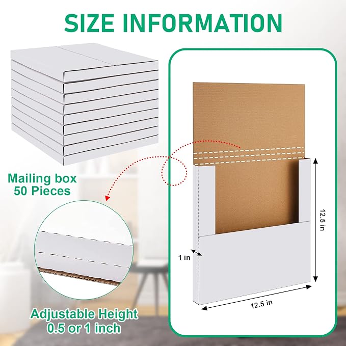 50 Pack Vinyl Record Shipping Boxes: 12.5" X 12.5" x 1" White Vinyl Record LP Shipping Mailer Boxes, Easy Fold LP Cardboard Mailing Boxes Multi Depth Album Mailers for Packaging Moving Storage | 12.5" X 12.5" x 1" White Album Mailers Easy Fold LP Cardb...