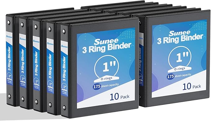 SUNEE 1 Inch Binders 3 Ring 10 Pack Bulk, PVC-Free Clear View 1" Binders (Fits 8.5x11 Inches) for School, Office & Home Use, Black