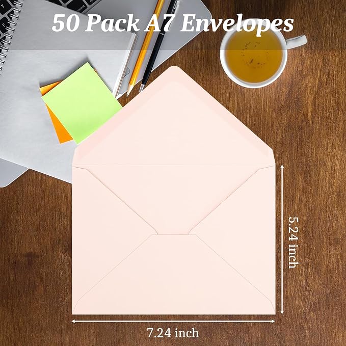50 Pack A7 Envelopes, Blush Pink Greeting Card Envelopes Self Seal, 5.24 x 7.24 in Envelopes for Birthday Graduation Baby Shower Wedding Invitation Cards