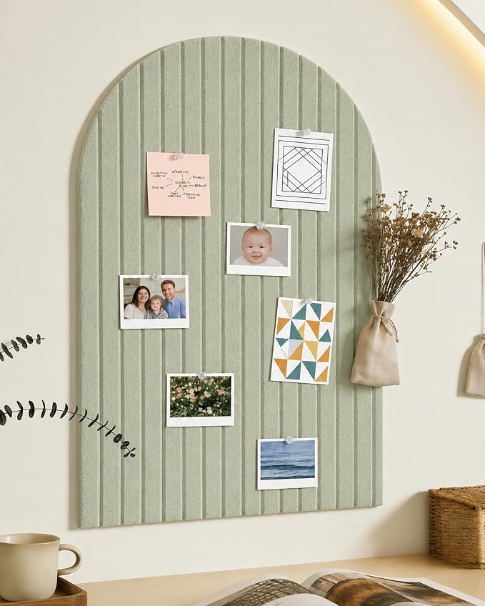 Large Arched Felt Bulletin Board, Sized 36" x 24" for Office & Wall Decor – 6 Customizable Adhesive Tiles with Pins are Perfect to Display Your Photos (Sage Green)