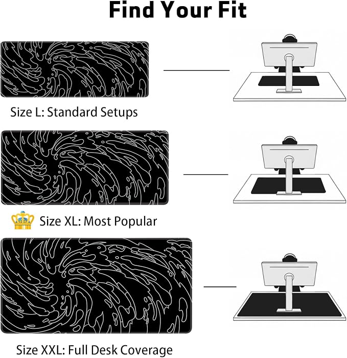 Gaming Mouse Pad L (31.5x11.8in) - Black Abstract Line Art Waves, Dark Japanese Doodle Design - Desk Mat for Gamers