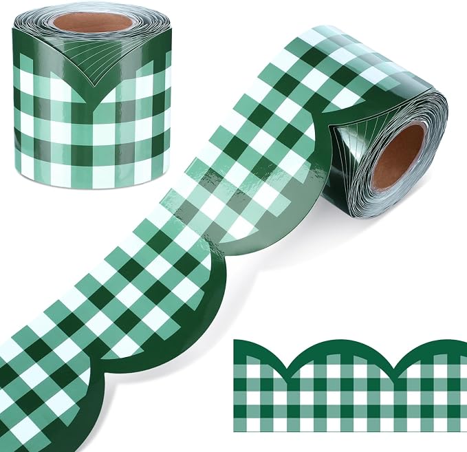 Zonon 65ft Dark Green Gingham Bulletin Board Border, Scalloped Trim Classroom Decoration for Back to School, Whiteboard, Blackboard, Cork and Posterboard, Party, Office