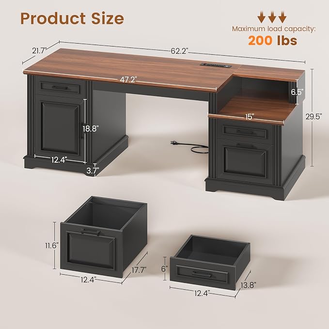 SEDETA Farmhouse Executive Desk, 62'' Home Office Desk with File Drawers, 3Drawer and Storage Cabinet, Computer Desk with Power Outlet for Home Office, Work Study Writing, Black + Walnut