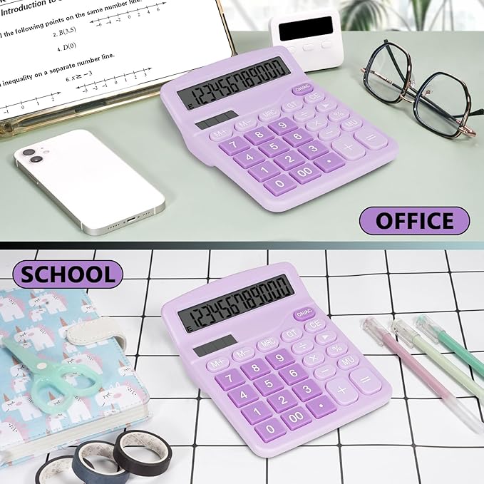 Cute Purple Desktop Calculator with Big Buttons, Dual Power Source, Solar and Battery, Large Display Screen - Perfect for Office, Teachers, and Students (Purple)