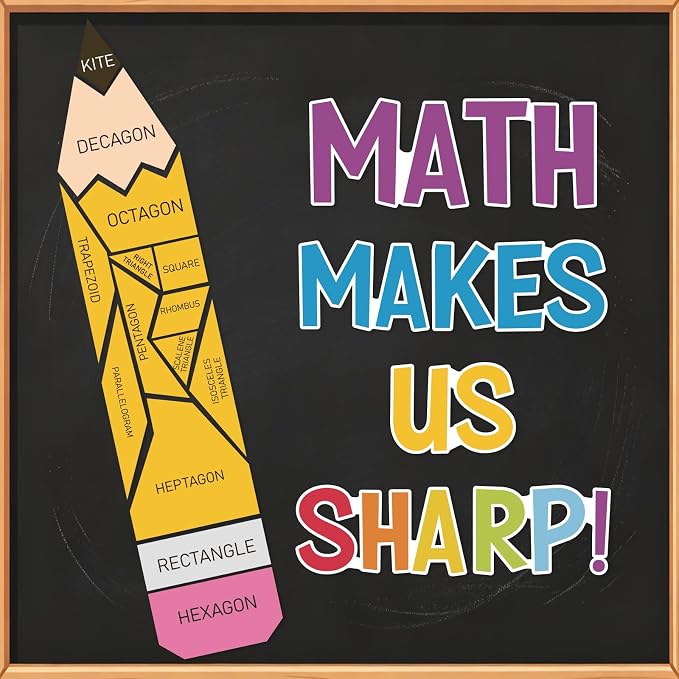 21Pcs Math Bulletin Board Decorations Sets, Pencil Decorations for Classroom, Educational Math Makes Us Sharp Geometry Paper Cutouts for Back to School Teachers Supplies Window Door Wall Decor